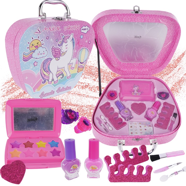 Kozmetikai táska kislányoknak, sminkkészlet, körömlakkokkal és szemhéjfestékekkel, többszínű, 23x24x7cm