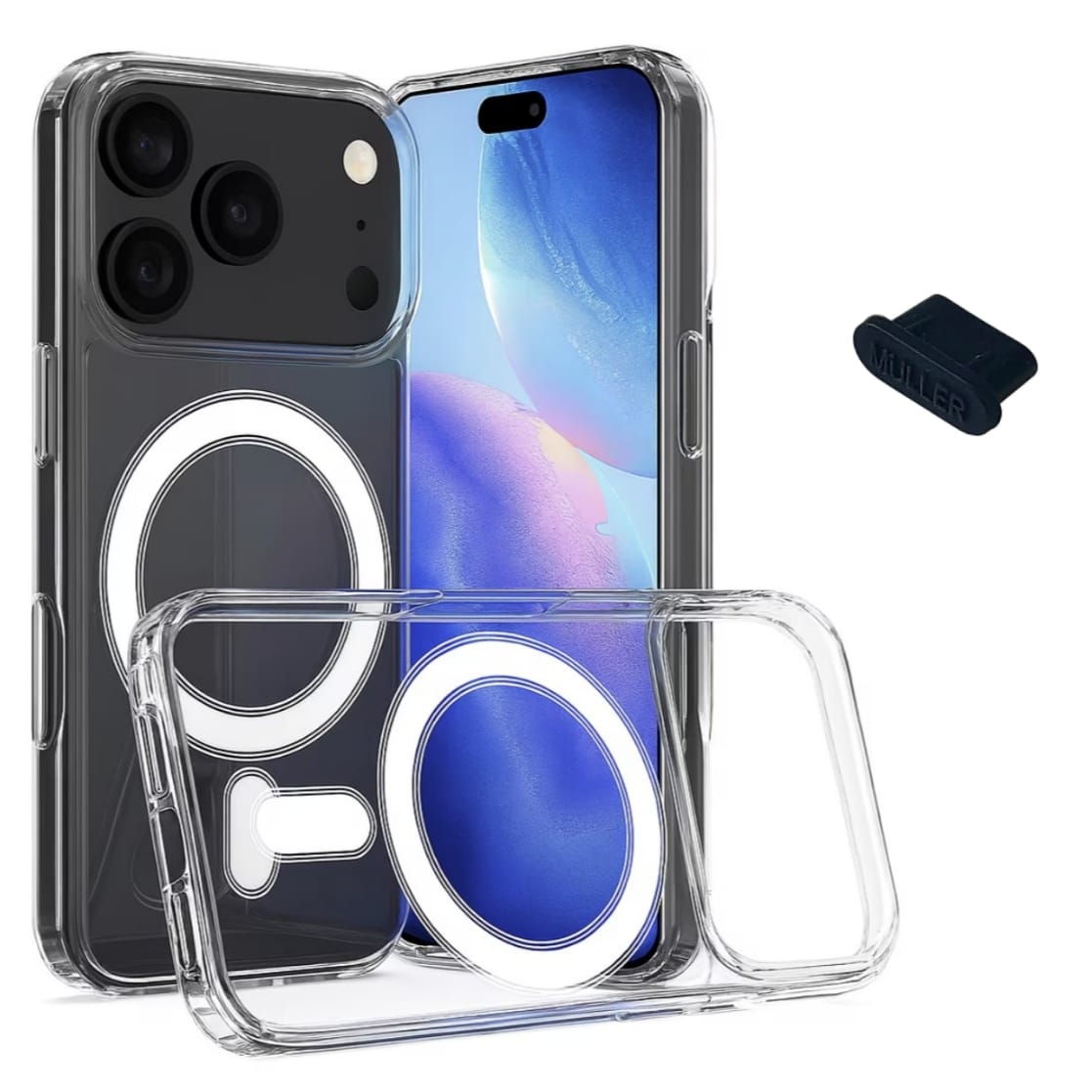 Set Husa de Protectie MagSafe Müller®, Compatibila iPhone 17 Pro Max, Impermeabila, Antizgarieturi, Anticadere, Anti‑coliziune, Absorbtie a Socurilor, 1.5 mm, Transparenta + Dop Anti‑praf Müller® Type‑C, Silicon, Rezistent la Praf si Lichide, Negru