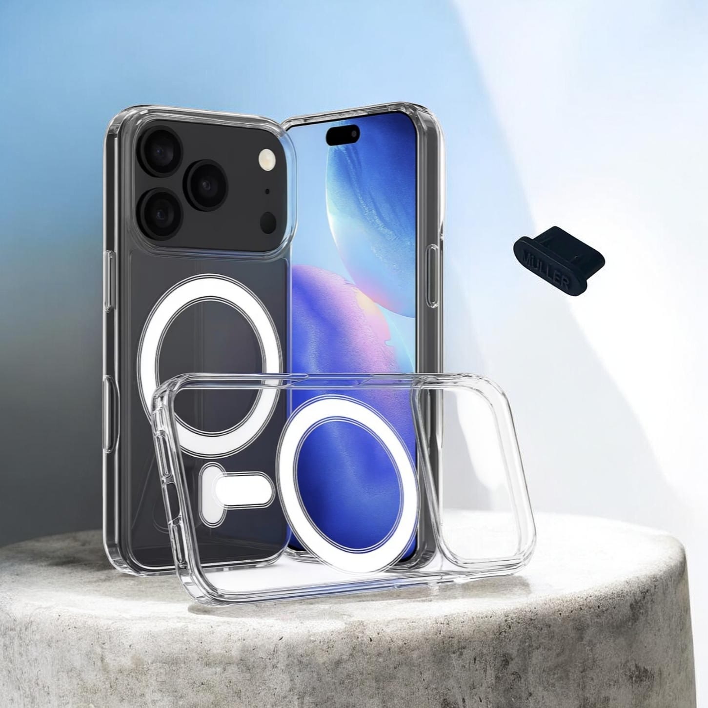 Set Husa de Protectie MagSafe Müller®, Compatibila iPhone 17 Pro Max, Impermeabila, Antizgarieturi, Anticadere, Anti‑coliziune, Absorbtie a Socurilor, 1.5 mm, Transparenta + Dop Anti‑praf Müller® Type‑C, Silicon, Rezistent la Praf si Lichide, Negru