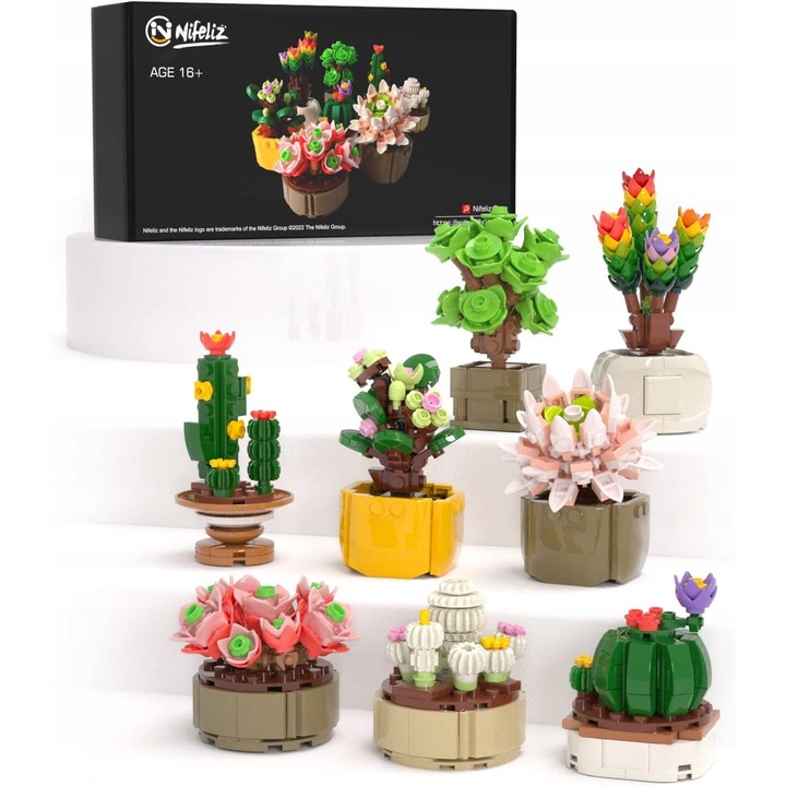 Set de constructie Nifeliz, 8 suculente colorate, diverse forme, in recipiente individuale