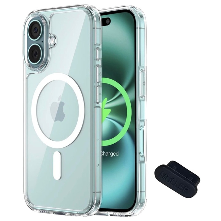 Set Husa de Protectie MagSafe Müller®, Compatibila iPhone 16, Impermeabila, Antizgarieturi, Anticadere, Anti‑coliziune, Absorbtie a Socurilor, 1.5 mm, Transparenta + Dop Anti‑praf Müller® Type‑C, Silicon, Rezistent la Praf si Lichide, Negru