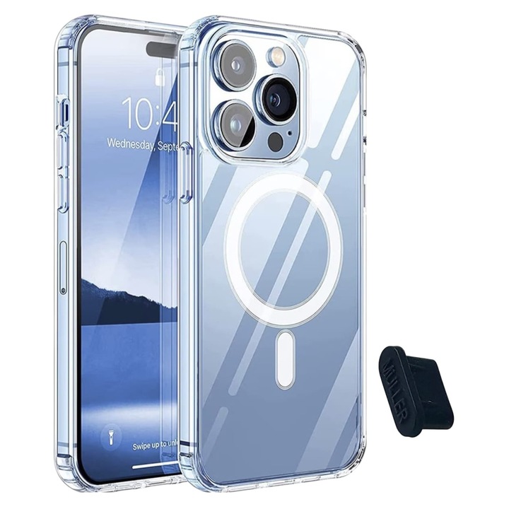 Set Husa de Protectie MagSafe Müller®, Compatibila iPhone 15 Pro, Impermeabila, Antizgarieturi, Anticadere, Anti‑coliziune, Absorbtie a Socurilor, 1.5 mm, Transparenta + Dop Anti‑praf Müller® Type‑C, Silicon, Rezistent la Praf si Lichide, Negru