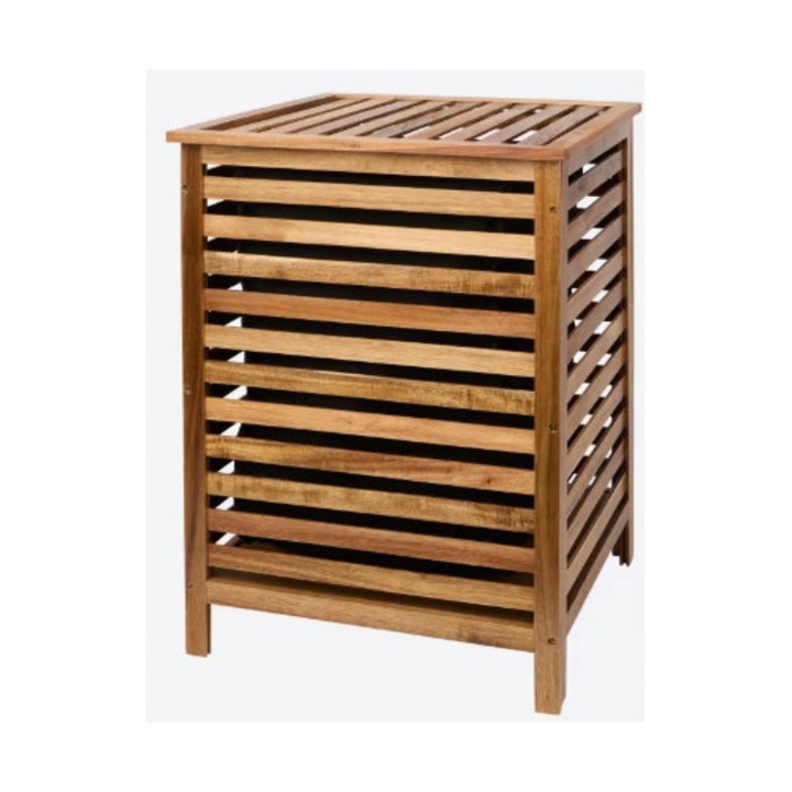 Cos de rufe din bambus cu capac, 41,5x40x57 cm, interior textil, capacitate 5 kg