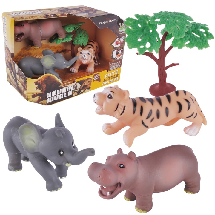 Vadon élő állat figura készlet, Maksik, tigris, elefánt, víziló, fa, 21x14,5x8,5cm