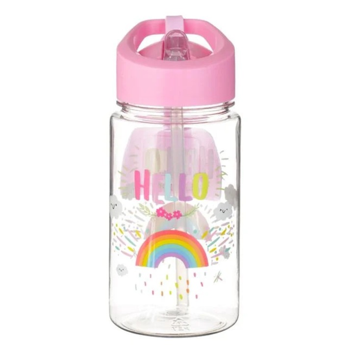 Sticla de apa pentru copii, cu pai si eticheta, model Rainbow, roz, 440ml