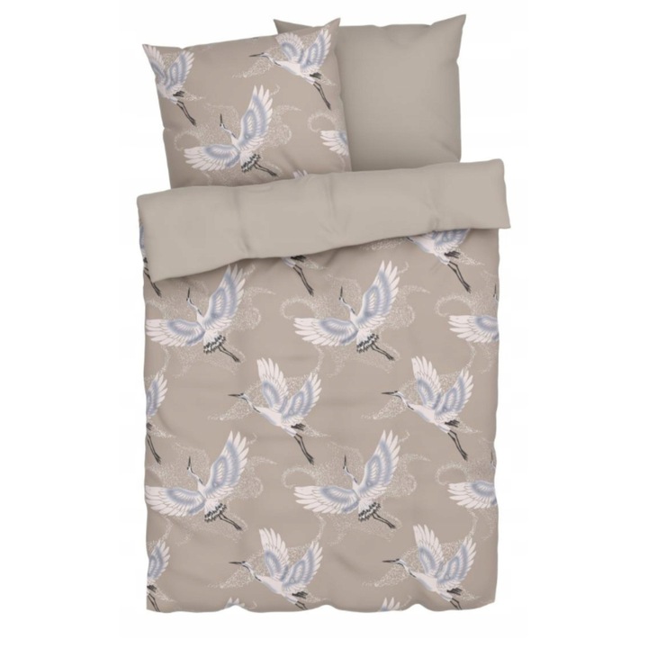 Ágynemű garnitúra, 2x paplanhuzat, 1x párnahuzat, szatén, 100% pamut, 220x200cm, bézs/daru