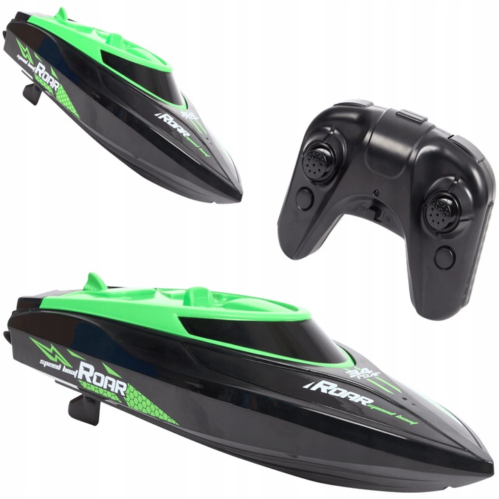 Barca cu telecomanda, motor, negru-verde, 27x14x11cm, set cu pilot