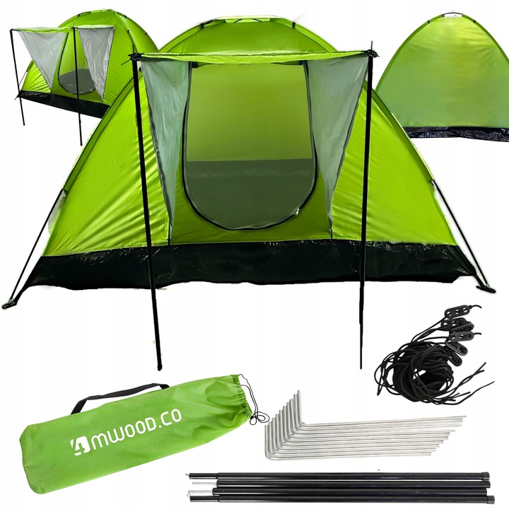 Cort camping 4MWOOD, 4 persoane, verde, 210x210cm, cu prelungire, impermeabil