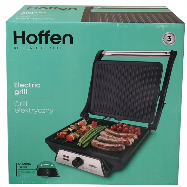 Gratar electric Hoffen HO-00052, 2000 W, negru, cu placi antiaderente, deschidere 180°
