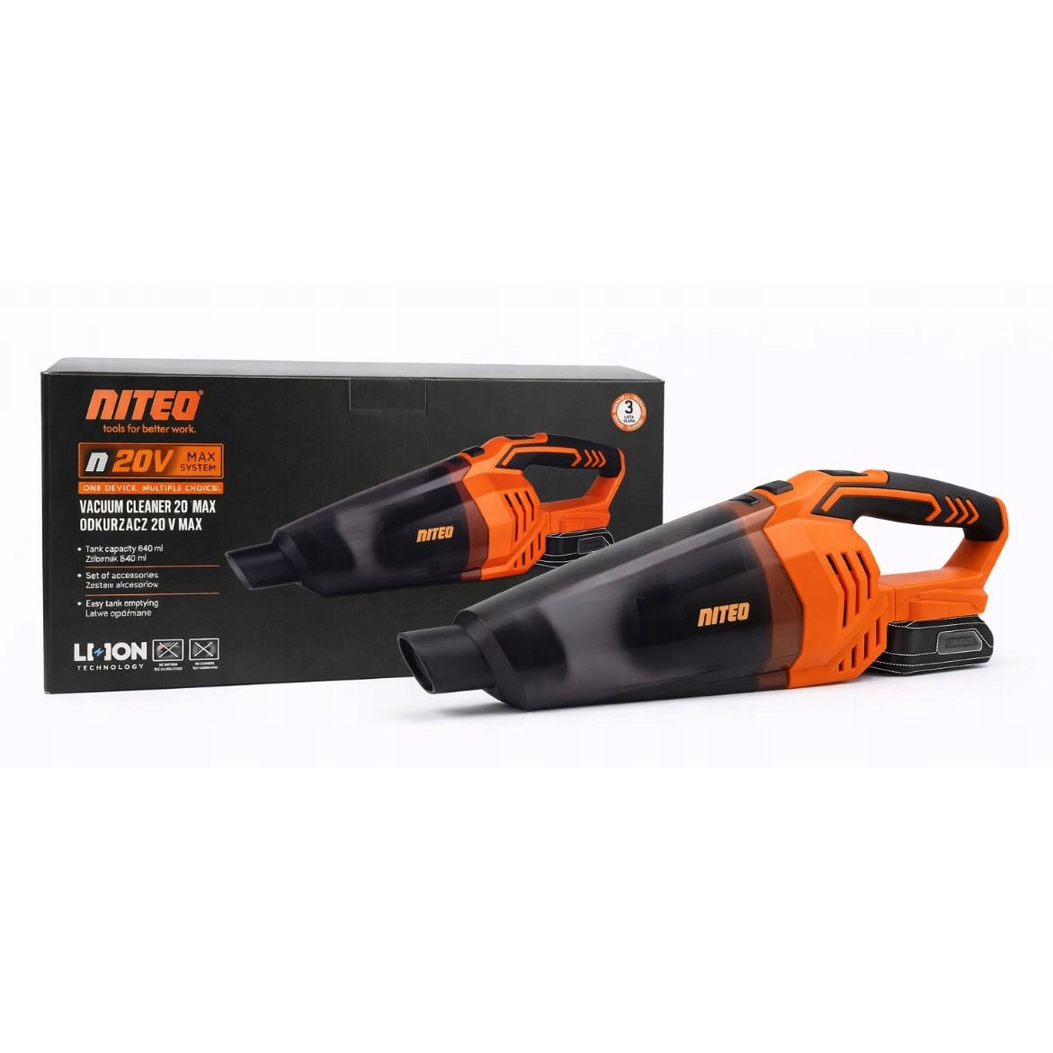 Aspirator manual NITEO 20 V MAX, recipient 640 ml, negru-portocaliu, set fără acumulator și încărcător