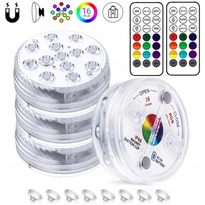 4 db LED-es víz alatti medencefény készlet, 13 RGB dióda, 7x7x3,2cm, távirányítóval