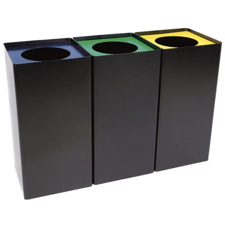 Set cos gunoi colectare selectiva, cos recilare gunoi, metalic, negru 3*54 litri