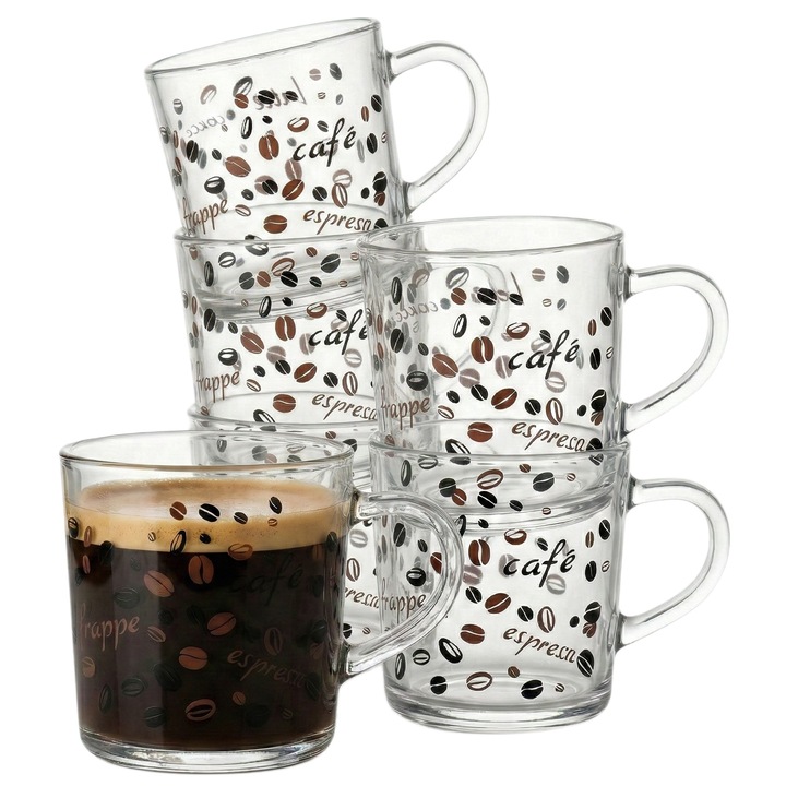Aurov® 6 db Hőálló üveg kávéscsésze készlet, különleges modell, eszpresszóhoz és rövid kávéhoz, 100 ml, átlátszó