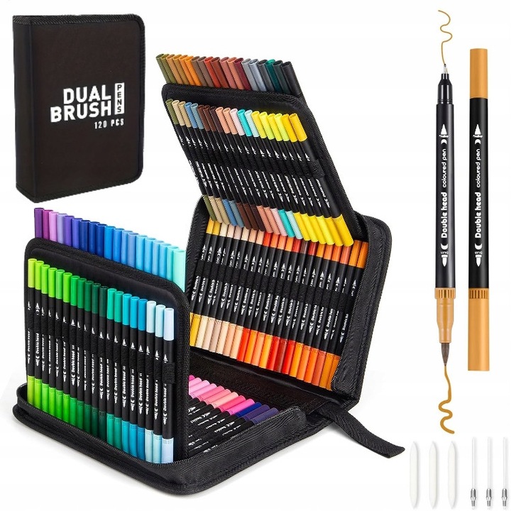 Комплект двойни маркери, 120 цвята с писец за рисуване/оцветяване