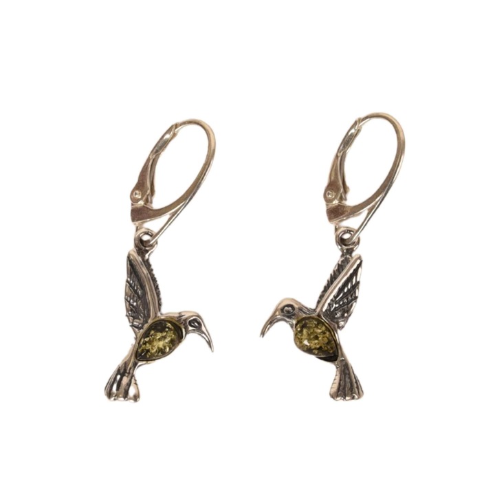 Kolibri 925-ös Ezüst Fülbevaló Zöld Borostyánnal – Energia, Öröm és Szabadság