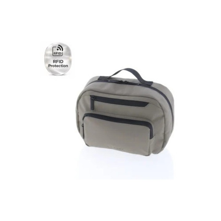 Geanta de cosmetice unisex Vogart Sync 28x19x10 cm, poliester impermeabil, cu protectie RFID, 5.3L, bej