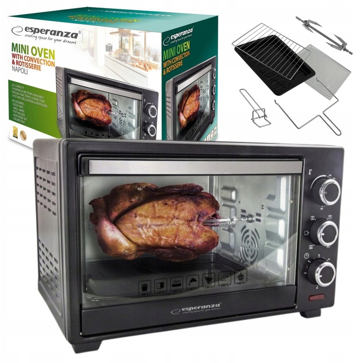 Mini cuptor electric Esperanza Napoli 25L, 1600W, functie de convectie, set cu tava pentru pizza si gratar