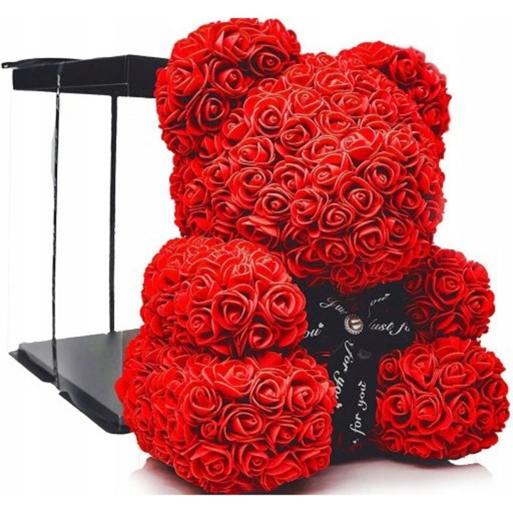 Misiu floral din trandafiri rosii 25cm, set cu cutie eleganta