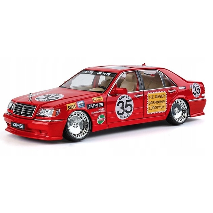 Modell Mercedes W140 Stance, piros, 1:24, fény-, hanghatások, kiegészítő készlet