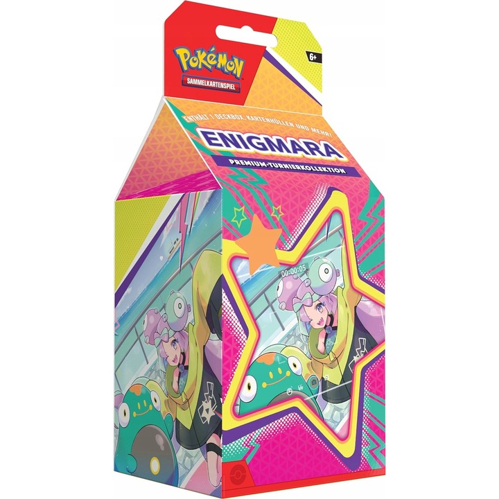 Настолна игра Pokemon, премиум колекция турнир Enigmara, пълен комплект, многоцветен, 6 бустер пакета, 1 колекционерска монета.