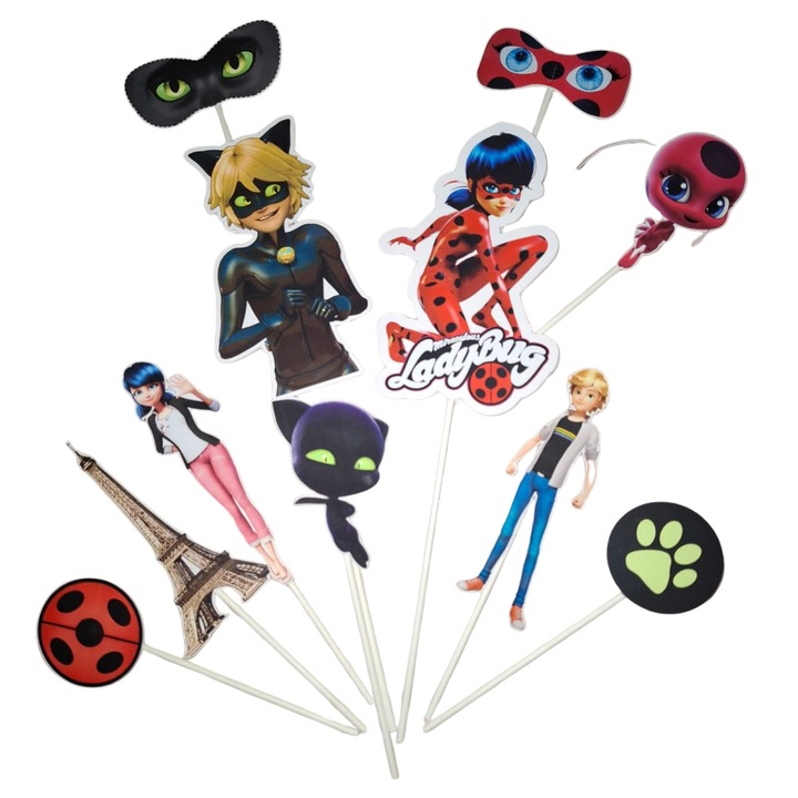 Decoratiune topper tort carton, tematica Buburuza si Motanul Noir (Miraculous Ladybug & Cat Noir), aniversare - 11 piese