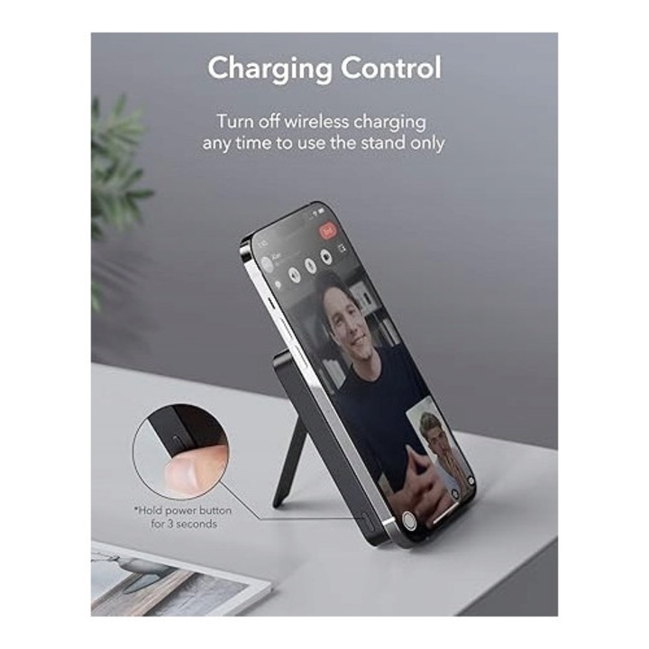 Power Bank 5000mAh, Kickstand, wireless, negru, pentru iPhone cu MagSafe