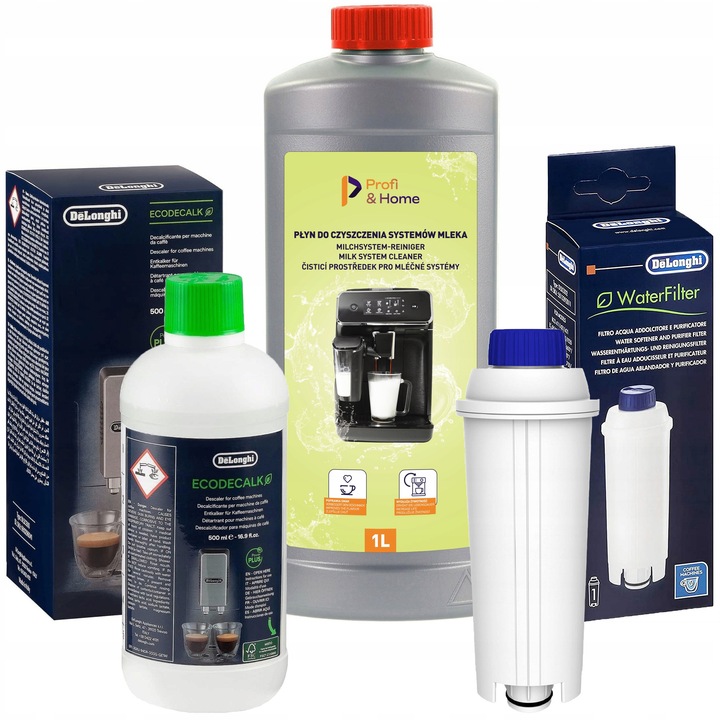Set de intretinere pentru espressoare DeLonghi: Odkamieniacz EcoDecalk 500ml, Filtru DLS C002, Plyn do systemu mleka Profi&Home 1000ml