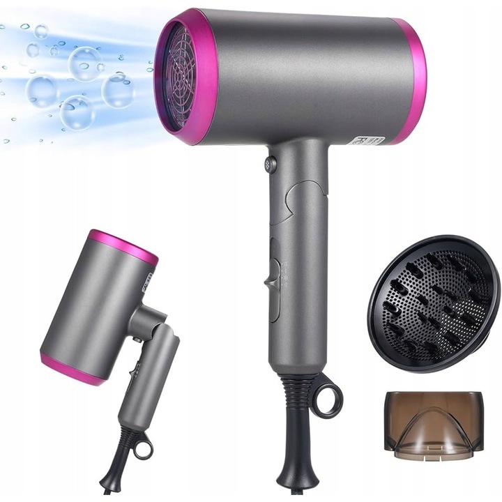 Професионален сешоар 1800W, розов/сив, с дифузер и концентратор, 28,5x18x9см