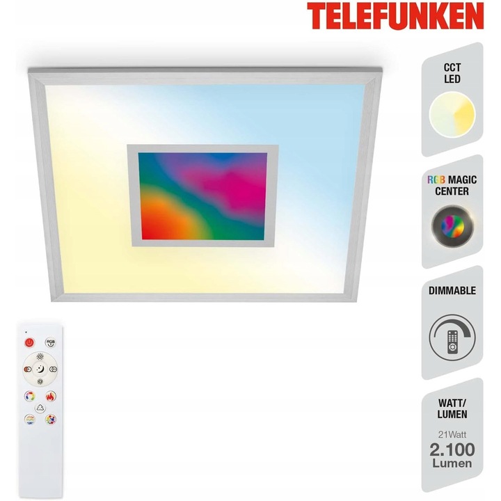 LED плафониера Telefunken, 21W, 2100 лумена, 445x445x65мм, с дистанционно управление, ефект дъга