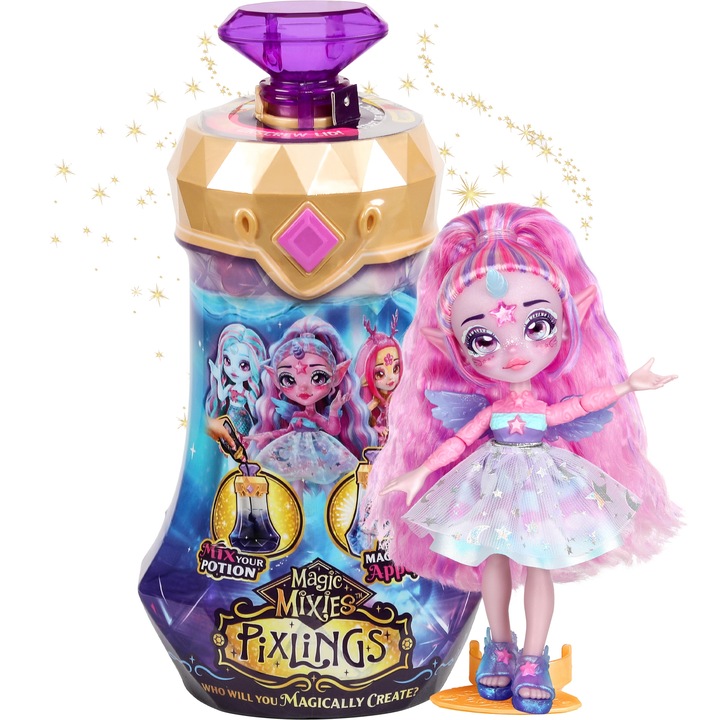 Papusa Magic Mixies Pixlings Unia, unicorn, 16,5cm, set cu elixire