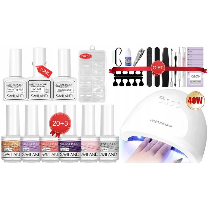 Комплект за хибриден маникюр Saviland, 20 цвята, UV лампа 48W, UV ръкавици, включително аксесоари.