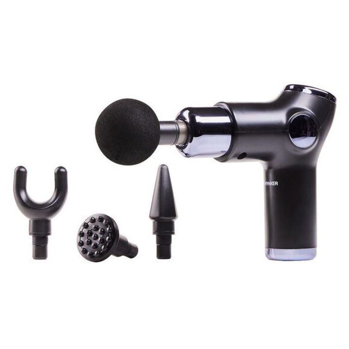 Pistol de masaj HYKKER, 4 capete interschimbabile, 6 moduri de vibrație, negru, 19x19cm, set complet