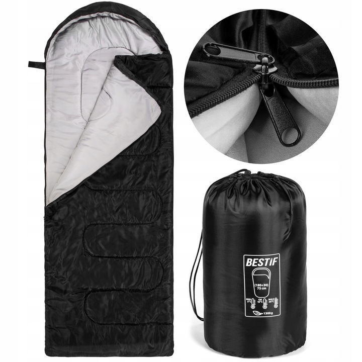 Sac de dormit Bestif 210 cm, impermeabil, cu gluga, 5-20°C, 180+30 cm x 75 cm