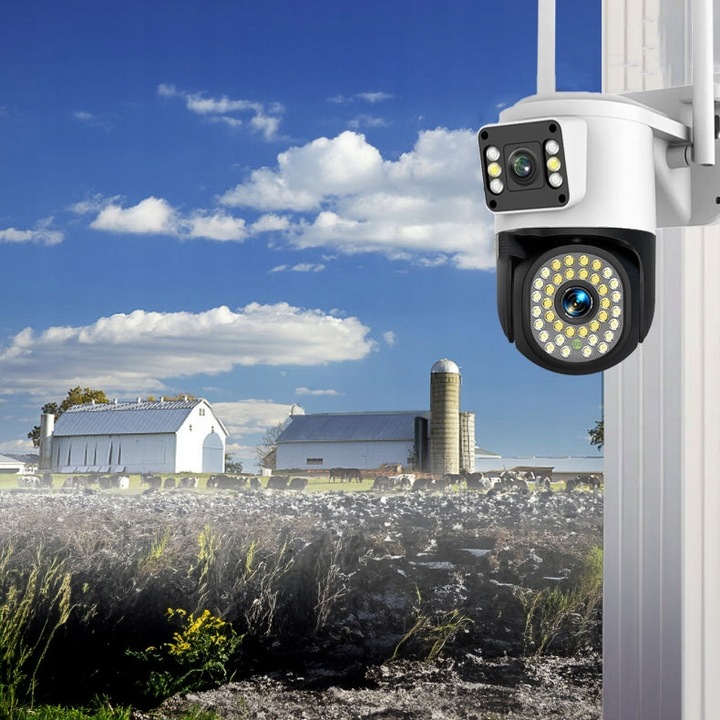 Camera de supraveghere WiFi exterioară rotativă QHD 2x 4MP, cu zoom și detecție mișcare, rezistentă la apă IP65