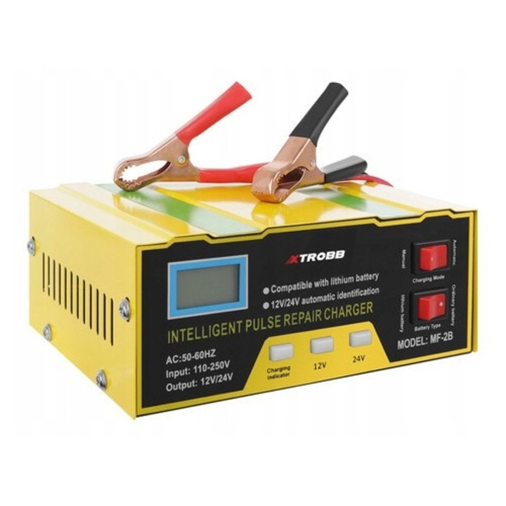 Incarcator auto 12V si 24V, 10A, galben-negru, dimensiuni 17,5x13,8x6cm, display LED