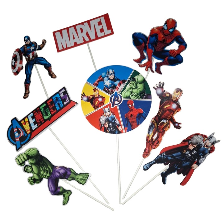 Decoratiune topper tort carton, tematica Marvel Avengers, aniversare - 8 piese