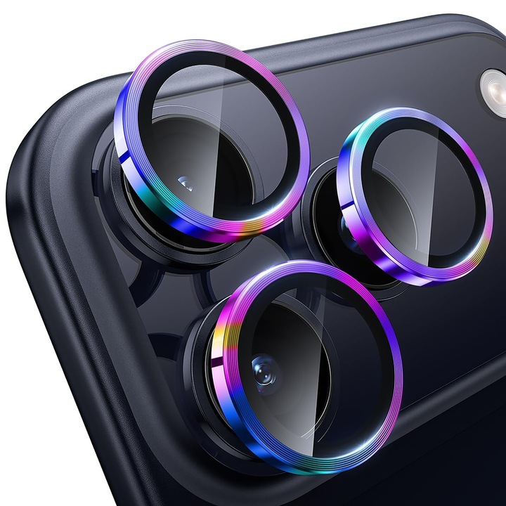 Протектор за лещи на камера, съвместим с iPhone 17 Pro / 17 Pro Max, CASEY STUDIOS™ MaxDefense+, Ultra HD, против пръстови отпечатъци, против надраскване, против удари, Rainbow