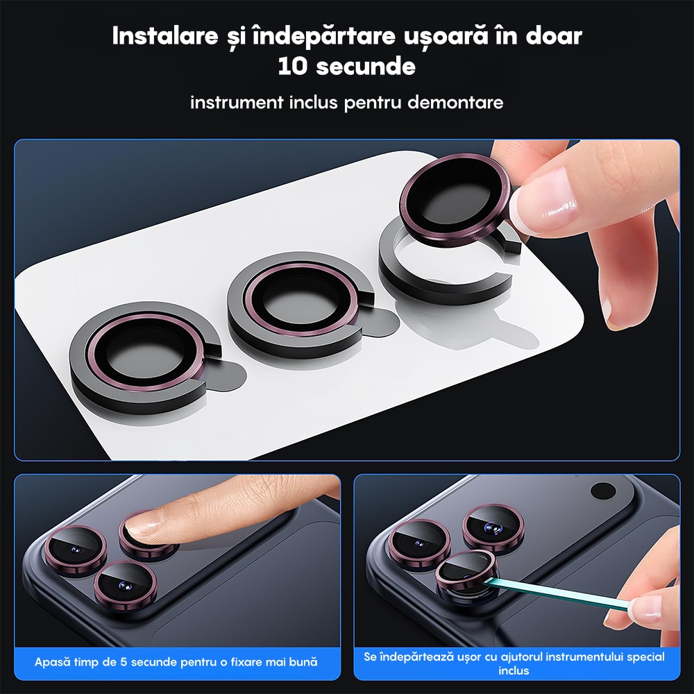 Folie Protectie Lentile Camera compatibila cu iPhone 17 Pro / 17 Pro Max, CASEY STUDIOS™ MaxDefense+, Ultra HD, Anti Amprente, Anti Zgarieturi, Anti Socuri, Roz