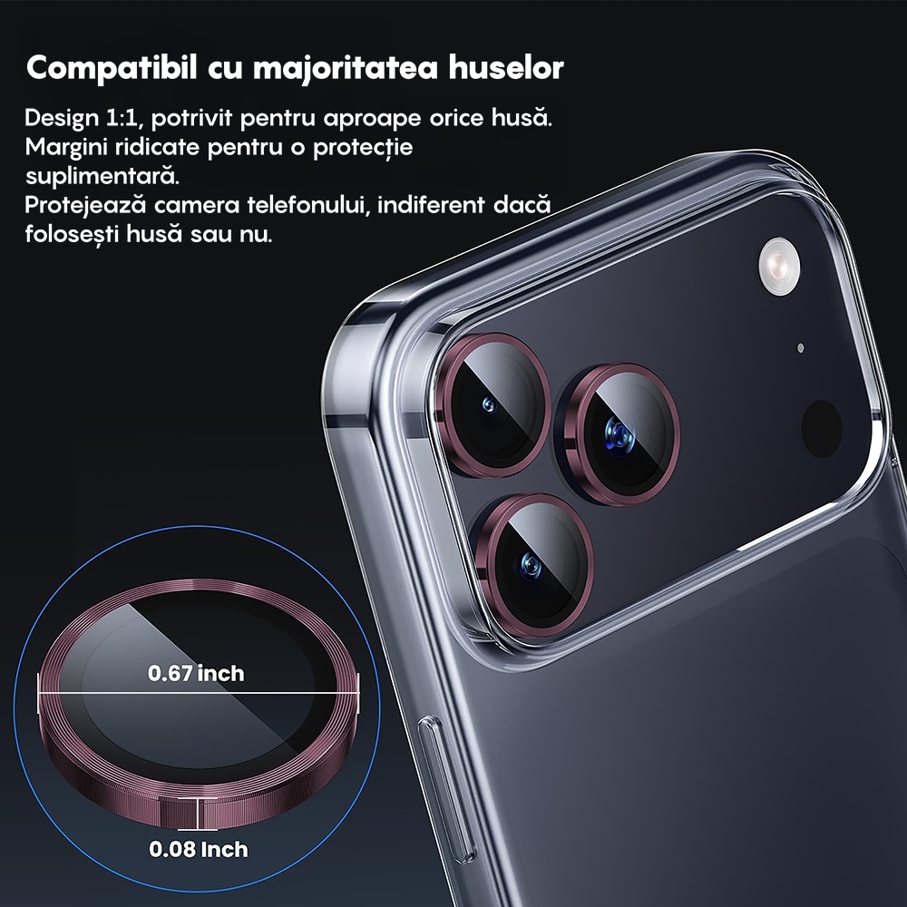 Folie Protectie Lentile Camera compatibila cu iPhone 17 Pro / 17 Pro Max, CASEY STUDIOS™ MaxDefense+, Ultra HD, Anti Amprente, Anti Zgarieturi, Anti Socuri, Roz