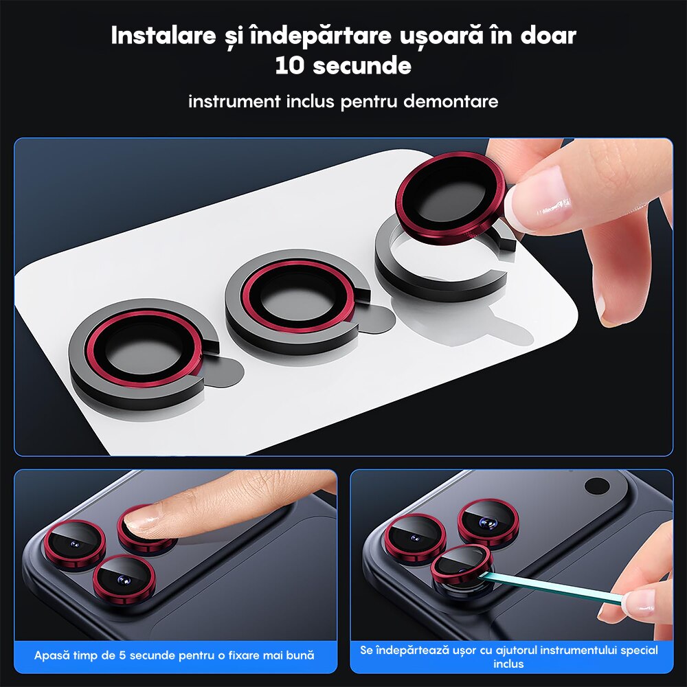 Folie Protectie Lentile Camera compatibila cu iPhone 17 Pro / 17 Pro Max, CASEY STUDIOS™ MaxDefense+, Ultra HD, Anti Amprente, Anti Zgarieturi, Anti Socuri, Rosu