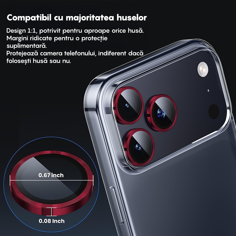 Folie Protectie Lentile Camera compatibila cu iPhone 17 Pro / 17 Pro Max, CASEY STUDIOS™ MaxDefense+, Ultra HD, Anti Amprente, Anti Zgarieturi, Anti Socuri, Rosu