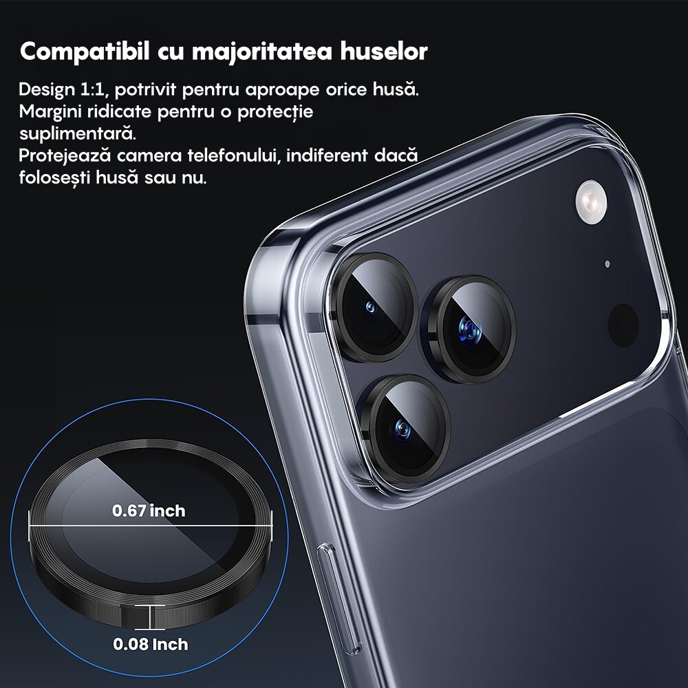 Folie Protectie Lentile Camera compatibila cu iPhone 17 Pro / 17 Pro max, CASEY STUDIOS™ MaxDefense+, Ultra HD, Anti Amprente, Anti Zgarieturi, Anti Socuri, Argintiu