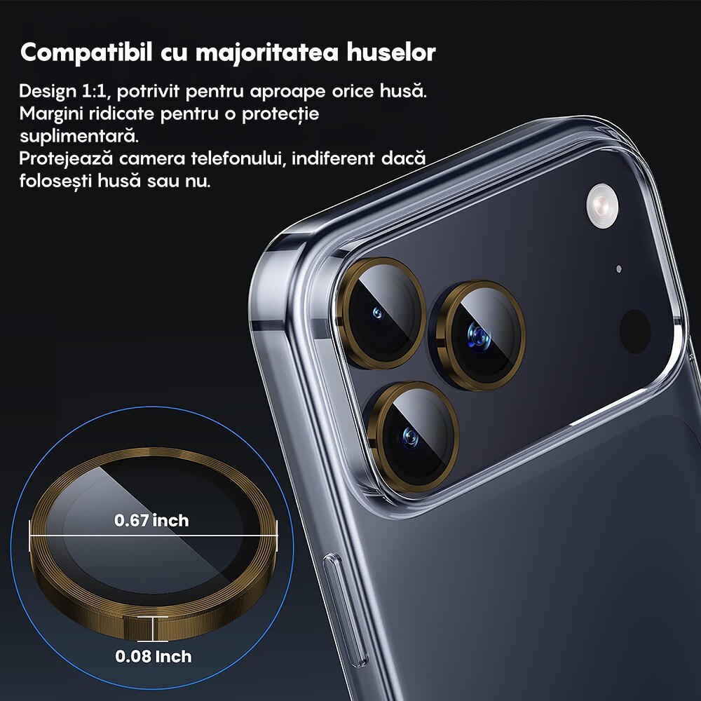Folie Protectie Lentile Camera compatibila cu iPhone 17 Pro / 17 Pro Max, CASEY STUDIOS™ MaxDefense+, Ultra HD, Anti Amprente, Anti Zgarieturi, Anti Socuri, Auriu