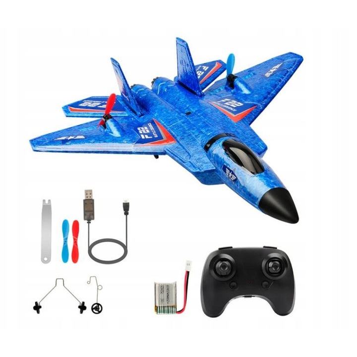 Avion zburator F22, model mare, EPP, albastru, set complet, pentru copii peste 8 ani, dimensiuni 38x28,6x9,6cm