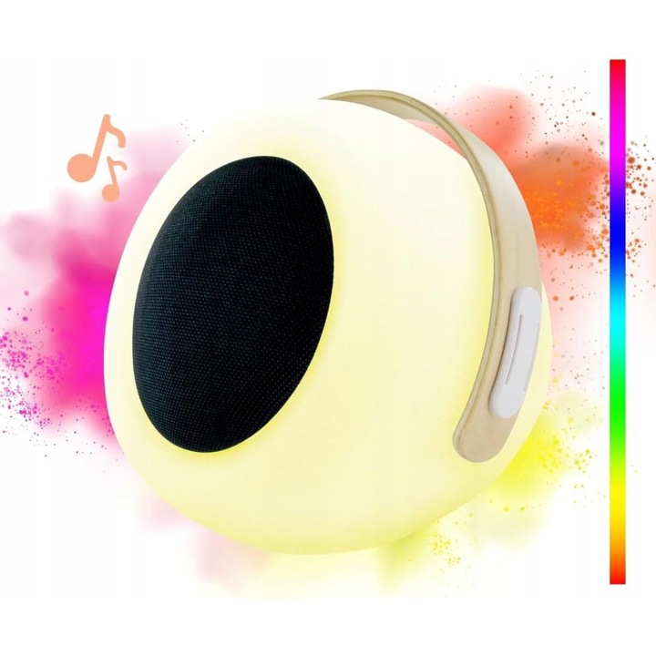 Lampa de masa LED RGB cu difuzor Bluetooth, 26x23cm, alb, cu suport din lemn, set