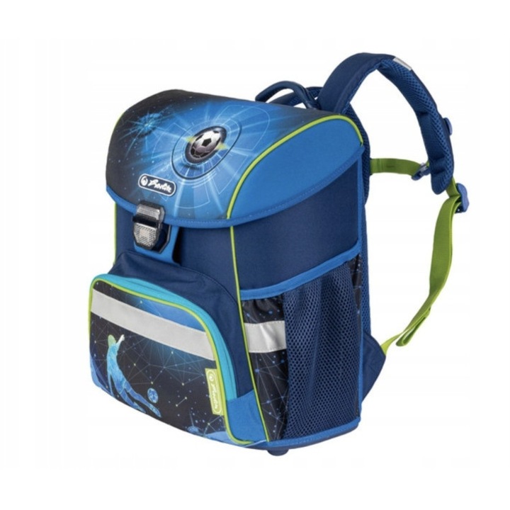 Set ghiozdan scolar Herlitz, 1 compartiment, albastru, cu penar si sac pentru incaltaminte, dimensiuni 24x31x37cm