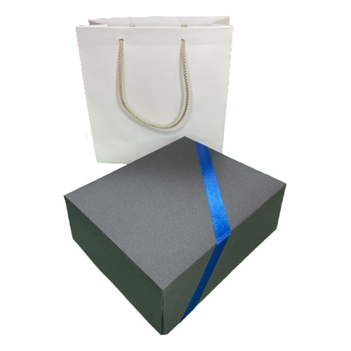 Set pentru cadou cutie si punga - Nicas - cutie carton negru cu bentita albastra 12, 5x15x6 cm - punga cadou 17x17x7 cm - Tip i + P17