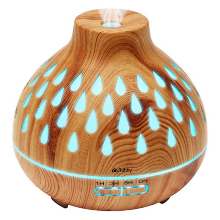 Puri Ruhhy 400ml párásító és aromaterápiás diffúzor, 7 színű LED, ultrahangos, csendes, távirányító, automatikus kikapcsolás