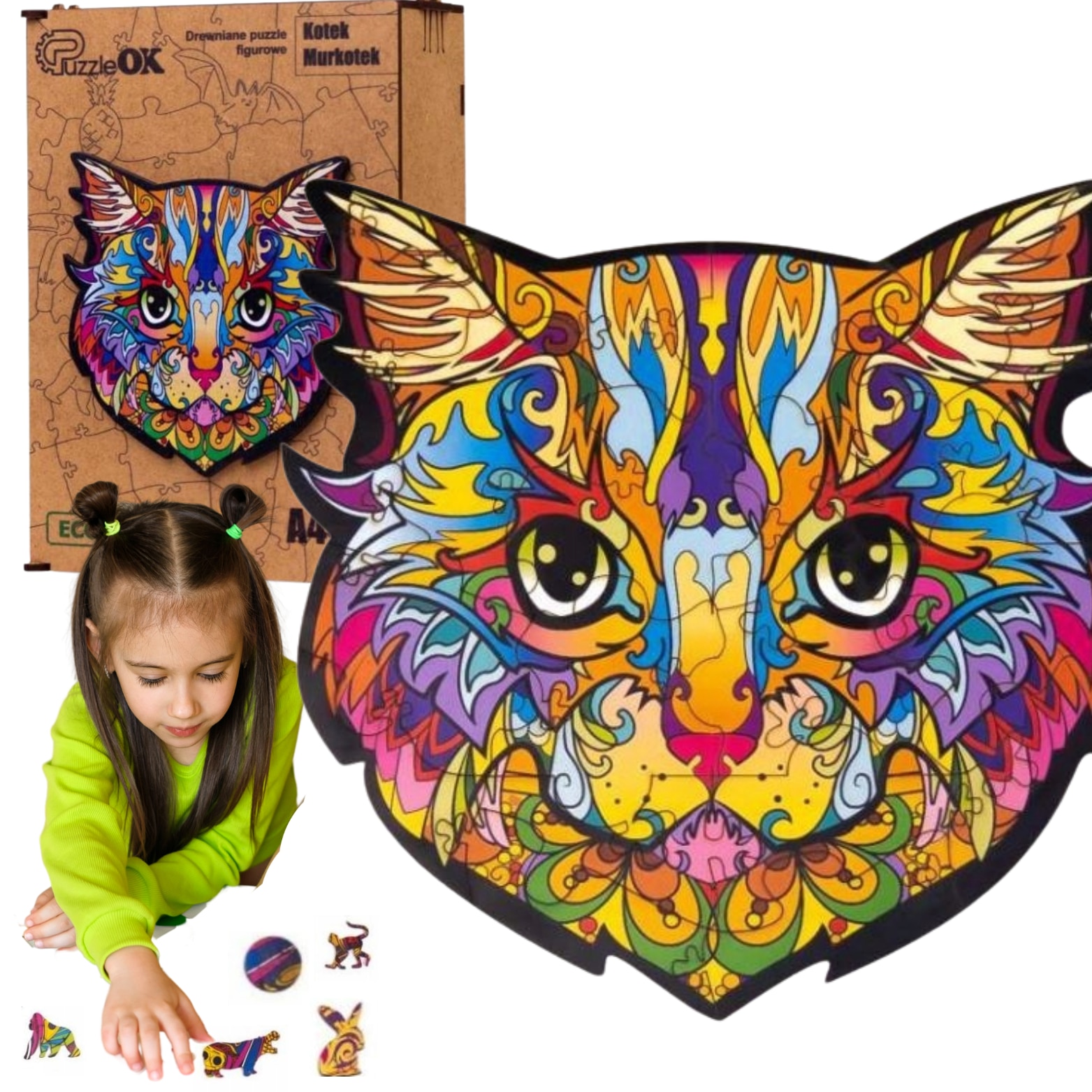 Puzzle din lemn KOT, maksik, 22 piese, A4, colorat