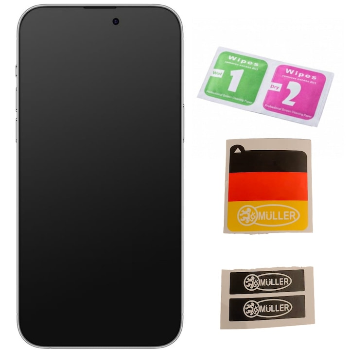 Folie Sticla Mata Müller® compatibila cu iPhone 15 Plus, Privacy Matte, Full Cover 3D, Full Glue, Duritate Militara, Ultra HD, Protectie Profesionala Ecran 3D, Anti Zgarieturi, Anti Socuri, Anti Orbire, Sticla Securizata, Negru